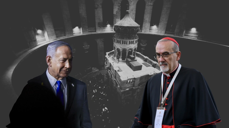 Montaje Netanyahu y Pizzaballa con el Santo Sepulcro detrás