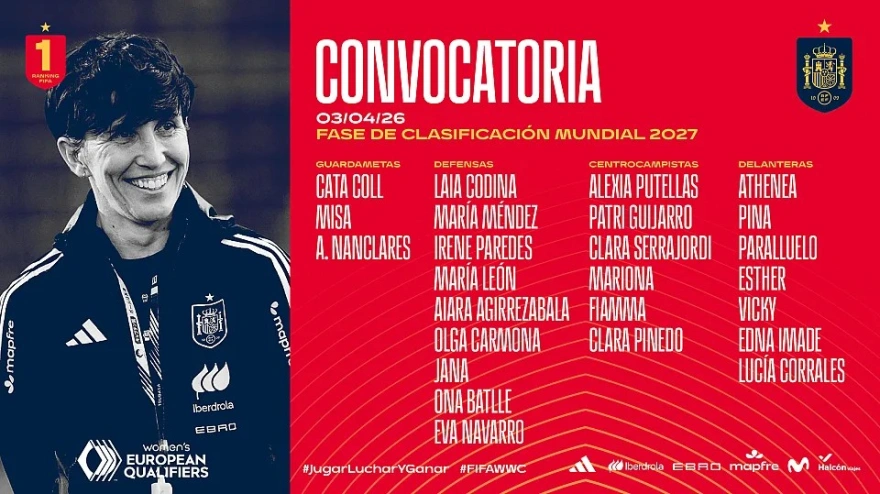 Lista de 25 convocadas de España para los duelos ante Inglaterra y Ucrania de cara al Mundial 2027.