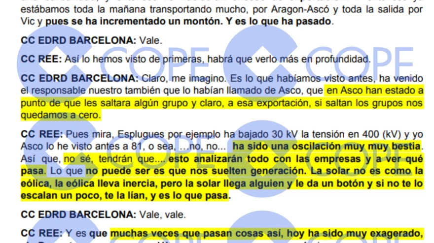 Fragmento de la conversación del 31/01/2025 a las 11:42 horas. Llamada saliente CC EDRD BARCELONA hacia CC REE
