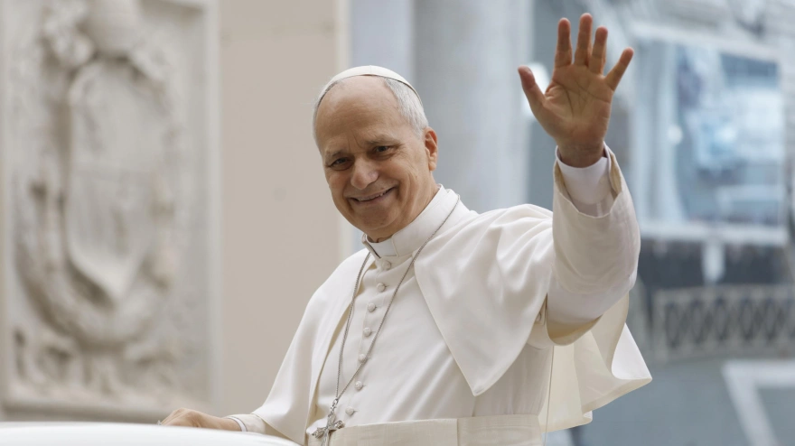 Pope Leo XIV waves during his weekly General Audience in Saint Peter's Square, Vatican City, 04 March 2026.