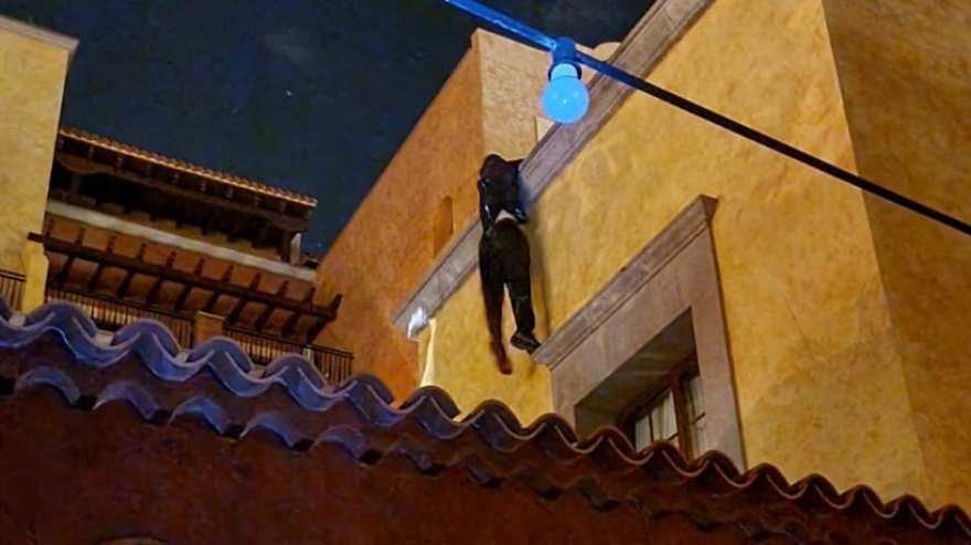 Ladrón escalando el balcón de un hotel de lujo