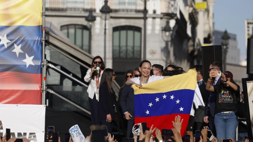 María Corina Machado, la líder opositora venezolana, durante un encuentro con la comunidad de su país en España