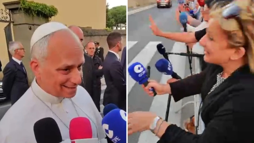 El papa León XIV a la salida de Castelgandolfo con Eva Fernández