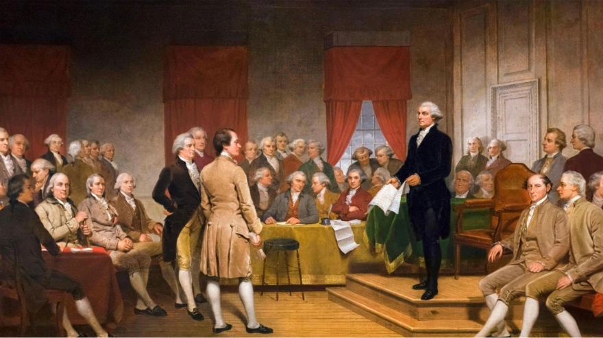 GEORGE WASHINGTON (1732-1799) dirigiéndose a la Convención Constitucional Americana en 1787 por Junius Stearns
