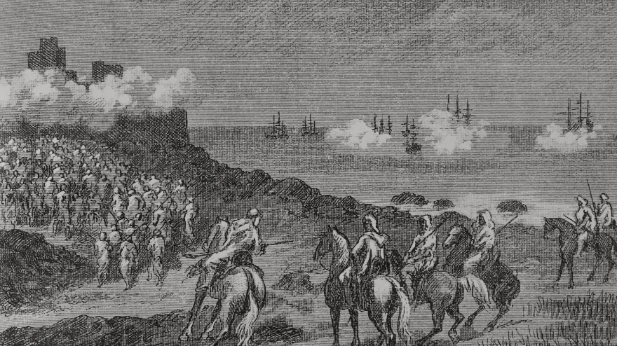 Sitio de Ceuta (del 23 de octubre de 1694 al 22 de abril de 1727). El ejército del sultán marroquí Muley Ismaíl (1678-1727) llevó a cabo un bloqueo armado de la ciudad de Ceuta. El marqués de Lede (Jean François Nicolas de Bette, 1672-1725), militar flamenco al servicio de España, llegó en 1720 con un contingente militar para rechazar a los sitiadores. Liberación de Ceuta por el marqués de Lede. Ilustración de Serra Pausas. «Glorias Españolas». Volumen IV. Publicado en Barcelona, ​​1890.