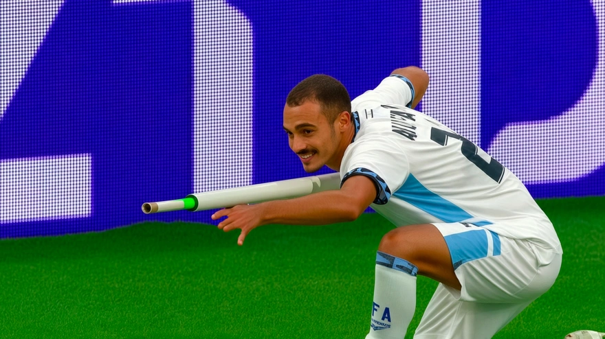 Sayed Abu Farkhi, de la selección de Israel, celebra con el banderín su gol contra Austria