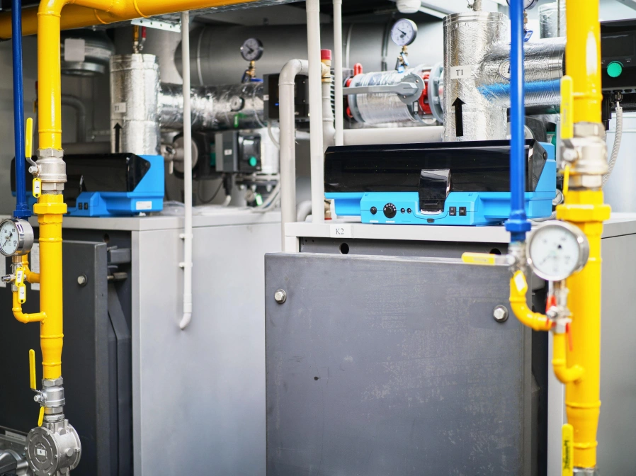 Calderas de gas, sala de calderas, planta, tubos, válvulas