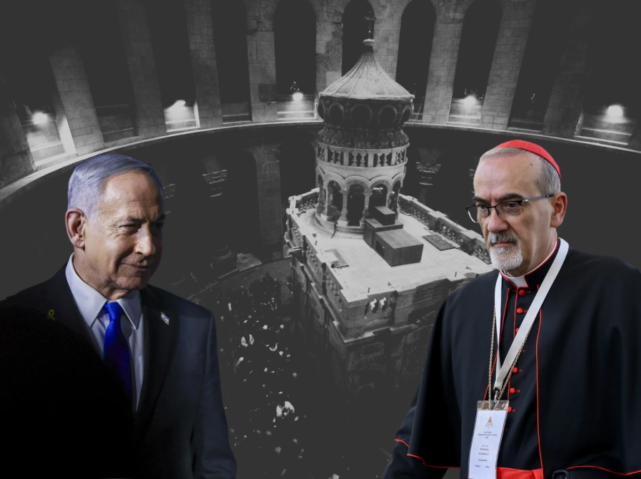 Montaje Netanyahu y Pizzaballa con el Santo Sepulcro detrás